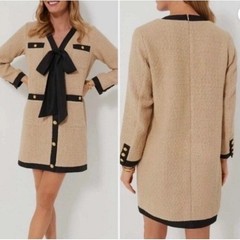 Pomander Place Tuckernuck Coco Tweed Bow Mini Shift Dress Large Beige Black Gold