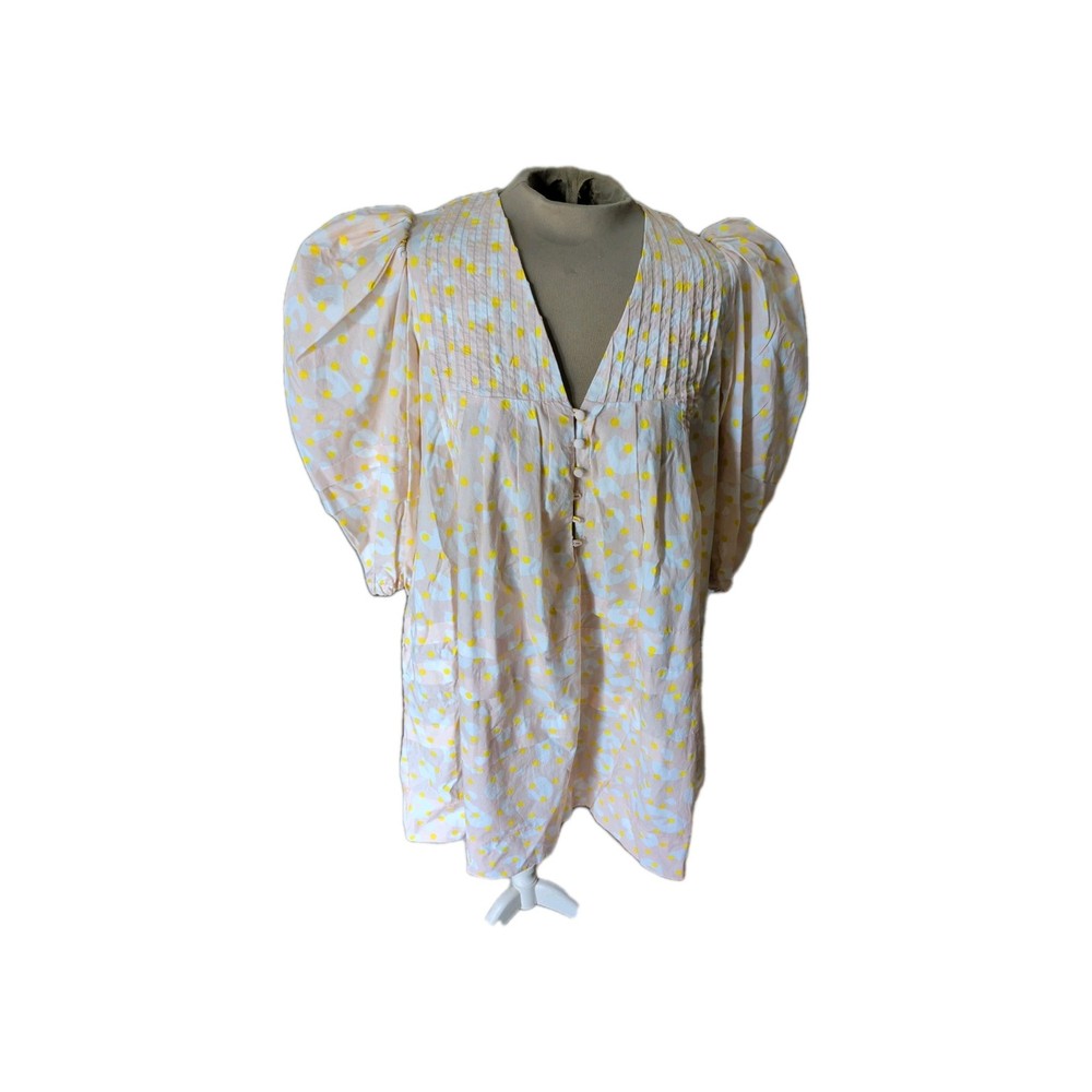 Hunter Bell Jenkins Dress Size S Missing 3 Buttons Light Pink Yellow Dots