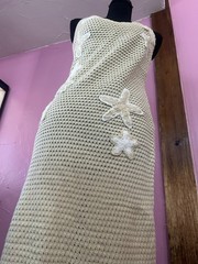 Beige Solid Crochet Halter Tie Back Starfish Applique Maxi Dress, One Size