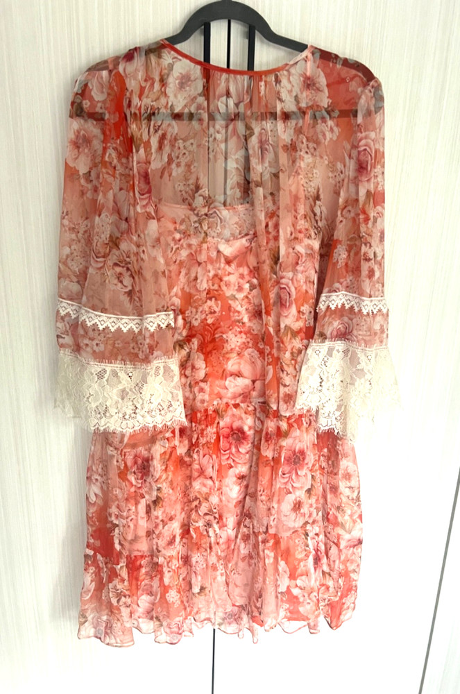 Johnny Was Chiffon Multicolored Lace Dress w Slip Size XL