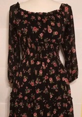 Trixxi Women’s Black Pink Floral Square Neck Long Sleeve A-Line Dress, S