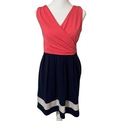 Loft Sleeveless Coral Striped Fit and Flare Dress, XS Petite