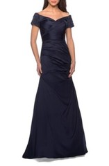 New La Femme Off the Shoulder Beaded Satin Trumpet Gown In Navy Sz 6 $508