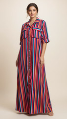 Uoozee Women&rsquo;s Maxi Shirt Dress Multicolor Striped Button Front Size M