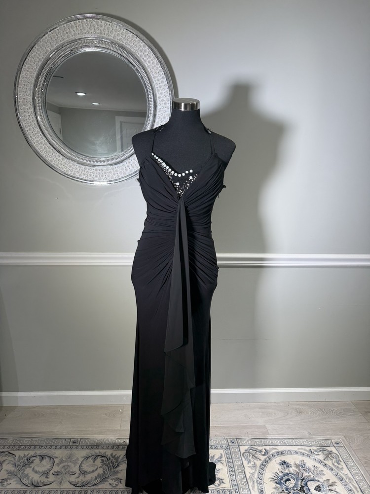 ESSEJEFFE Black Beaded Ruched Evening Gown Rhinestone Pearl Cap Sleeve Size 42