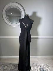 ESSEJEFFE Black Beaded Ruched Evening Gown Rhinestone Pearl Cap Sleeve Size 42