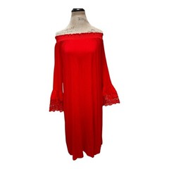 Oso Casuals Red Off The Shoulder Bell Crochet Sleeve Dress w/ Pockets Women&rsquo;s M