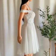 Cinderella Divine Off-Shoulder White Corset Mini Dress Sparkle Tulle Appliqué XS