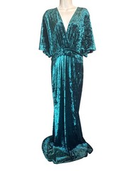 Emerald Green Crushed Velvet Maxi Gown Dress Size L Plunge Old Hollywood Glam