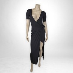 ECOTE XS Black Wrap Midi Dress Vacation Short Sleeve
