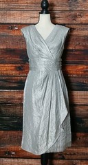 London Times Dress Size 10 Metallic Silver Faux Wrap Pleated Zip Back Lined