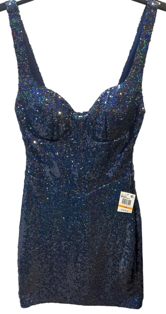 B. Darlin Size 7/8 Blue Sequin Mini Dress With Sweetheart Neckline Back Zipper