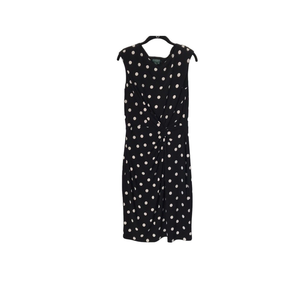 Lauren Ralph Lauren Dress Womens Size 14 Black White Polka Dot Sleeveless Ruched