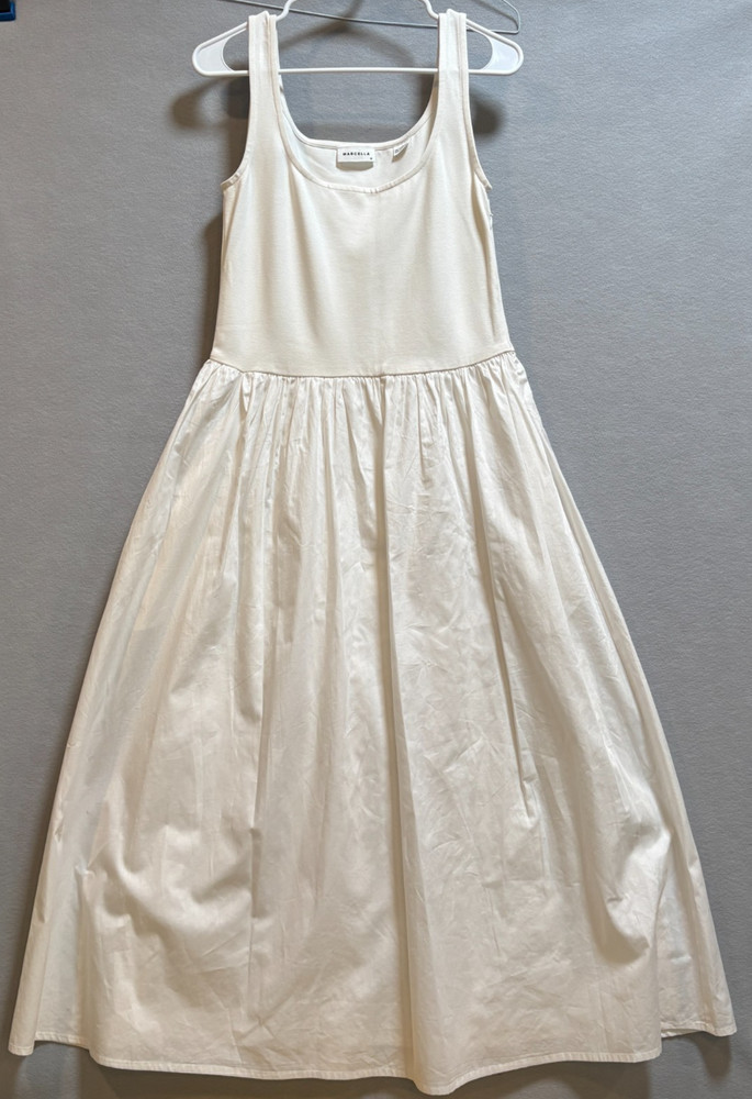 Marcella NYC Clara Mixed Media Tank Maxi Dress Off White Poplin Pockets Medium
