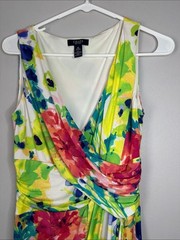 Chaps Bright Floral Faux Wrap-Style Midi Dress in Red, Green, Blue & Yellow M