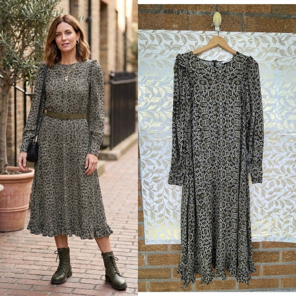Essentiel Antwerp Python Ruffle Midi Dress Whimsigoth Snakeskin Boho 40 US 8