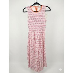 Boden Pink White Floral Smocked Bodice Midi Dress Orange Trim Size US 6R