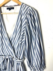 Tommy Hilfiger Blue White Stripe Wrap Dress Plunge Neck Tiered Preppy Nautical M
