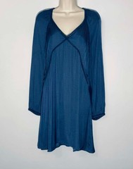 Hinge Teal Blue Dobby Dot V-Neck Long Sleeve Tunic Mini Dress Women Size M Boho