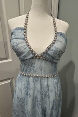 Blue Floral Gown With Pearl & Rhinestone Adornments & Ruffle Bottom Size S