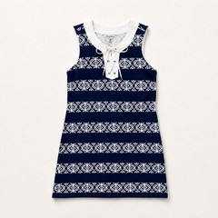 Tommy Bahama Sleeveless Pima Cotton Lace-Up Shift Dress Blue White Print Medium