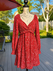 Peach Love California Red White Floral Chiffon Ruffle Long Sleeve Mini Dress M