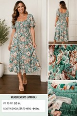 LC Lauren Conrad Green/White Floral Smocked Square Neck Puff Sleeve Midi XL