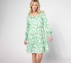 AnyBody Regular Printed Knee Length Dress with Smocked Sleeves Mint XS A634633