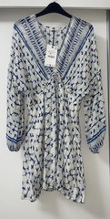 ZARA ECRU BLUE METALLIC THREADS PRINTED SHORT TUNIC DRESS WITH TASSELS SIZE S