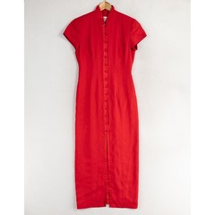 Evan Picone Maxi Dress Sz 4 Red Fitted Column Mandarin Collar 90s Y2K Vintage