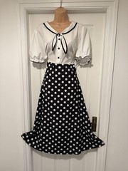 Vintage 40s 50s Nautical Swing Polka Dot Bow Tea Party Dress UK16