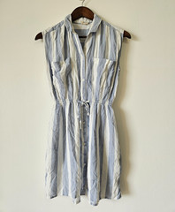 Japna Blue White Sleeveless Shirt Dress XS Buttons Lightweight Pockets