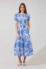 Blue White Floral Puff Sleeve Smocked Midi Dress Pockets Cotton Cottagecore XL