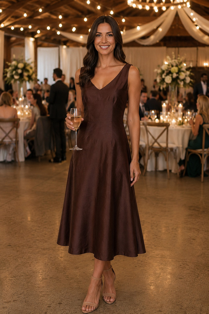 Lynn Lugo Women&rsquo;s Raw Silk Chocolate V-Neck Midi Dress size 10 NWT Made in USA