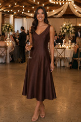 Lynn Lugo Women&rsquo;s Raw Silk Chocolate V-Neck Midi Dress size 10 NWT Made in USA