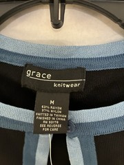 NWT Grace Knitwear Cardigan Sweater M Black Blue Trim Open Front 3/4 Sleeve