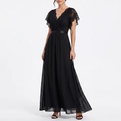 Miusol Black Lace V-Neck Flutter Sleeve Formal Maxi Gown Dress XXL