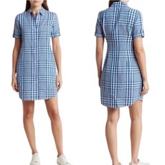Theory Mayvine Dillon Plaid Shirt Dress 2 Blue Linen Mini Preppy Gingham Summer