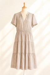 Cynthia Rowley Linen Blend Tiered Midi Dress Taupe White Stripe Coastal Boho L