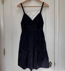 Theory Navy Silk V-Neck Spaghetti Strap Tiered Dress Knee Length Size 0
