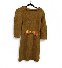 Gold Tweed Collared 3/4 Sleeve Pencil Dress Knee Length Bow Accent Zip Sz S