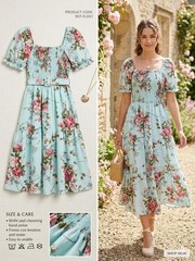 Pastel Light Mint Floral Smocked Bodice Puff Sleeve Midi Dress – Size S