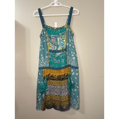 Anthropologie Tiny Mixed Print Boho Mini Dress Teal Yellow Lace Trim XS 30416T