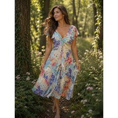 SL Fashions Floral V-Neck Flutter Sleeve Asymmetrical Hem Midi Dress Size 10