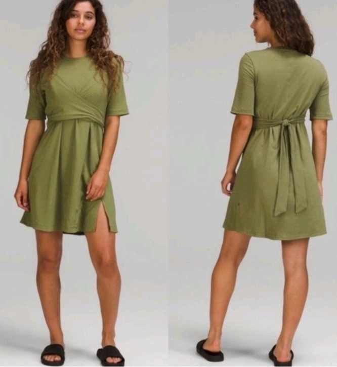 Lululemon Cotton Wrap Front Tshirt Dress Dark Green Casual Athleisure Womens 6*