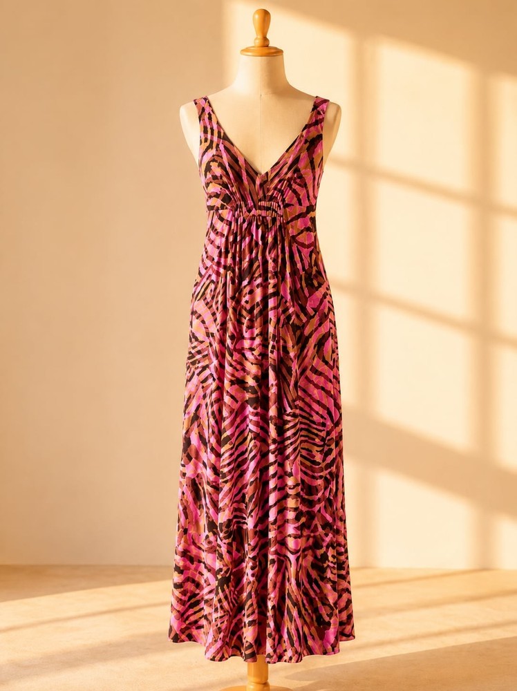 CAbi Pink and Black Abstract Animal Print Sleeveless V-Neck Maxi Dress Style 109