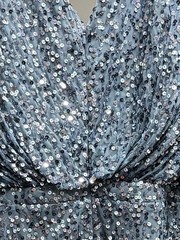 Mac Duggal Slate Blue Beaded Sequin Draped Sleeve V-Neck Gown Size 20 READ DESCR