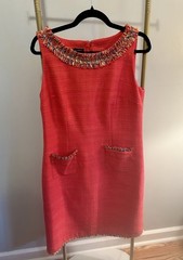 Talbots Textured Coral Tweed Sleeveless Fringe-Neck Shift Dress