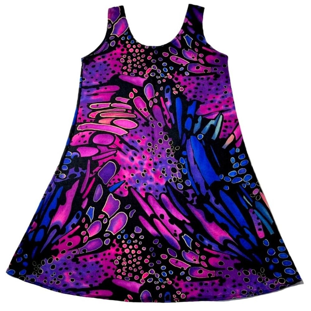 Jostar 90s Vintage Butterfly Print Slinky Tank Dress in Purple and Black Size XL