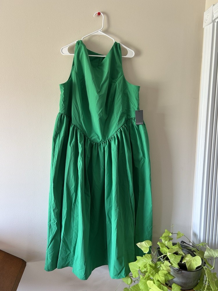 Eloquii Size 24 Plus Green Solid Pleated A-Line Midi Dress Scoop Neck Zip